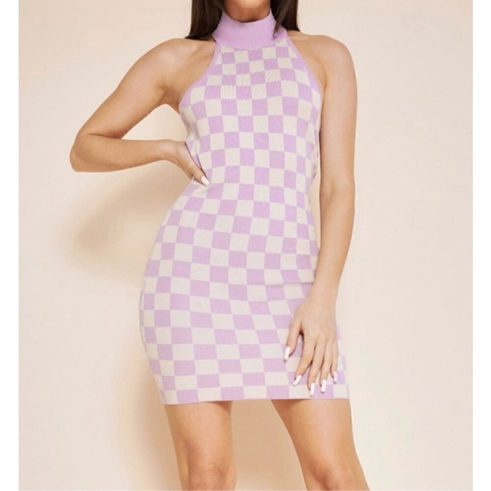 gingham halter neck knit dress